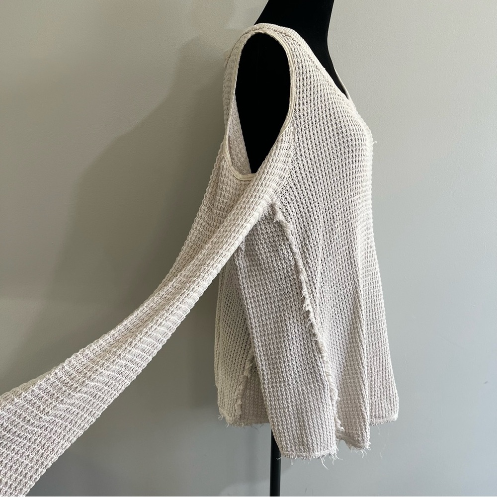 Free People Cream Ivory Off-Shoulder Raw Hem Cotton Women's Waffle Knit Sweater - Picture 5 of 12